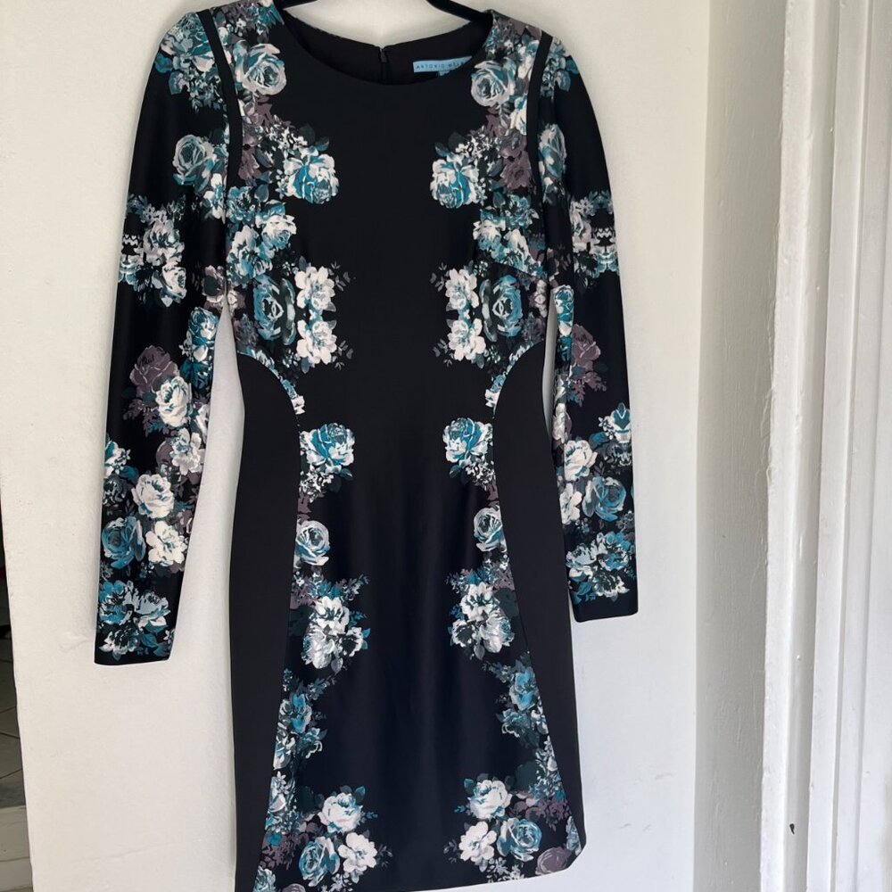 Antonio Melani Long Sleeve Black and Blue Floral Fitted Dress